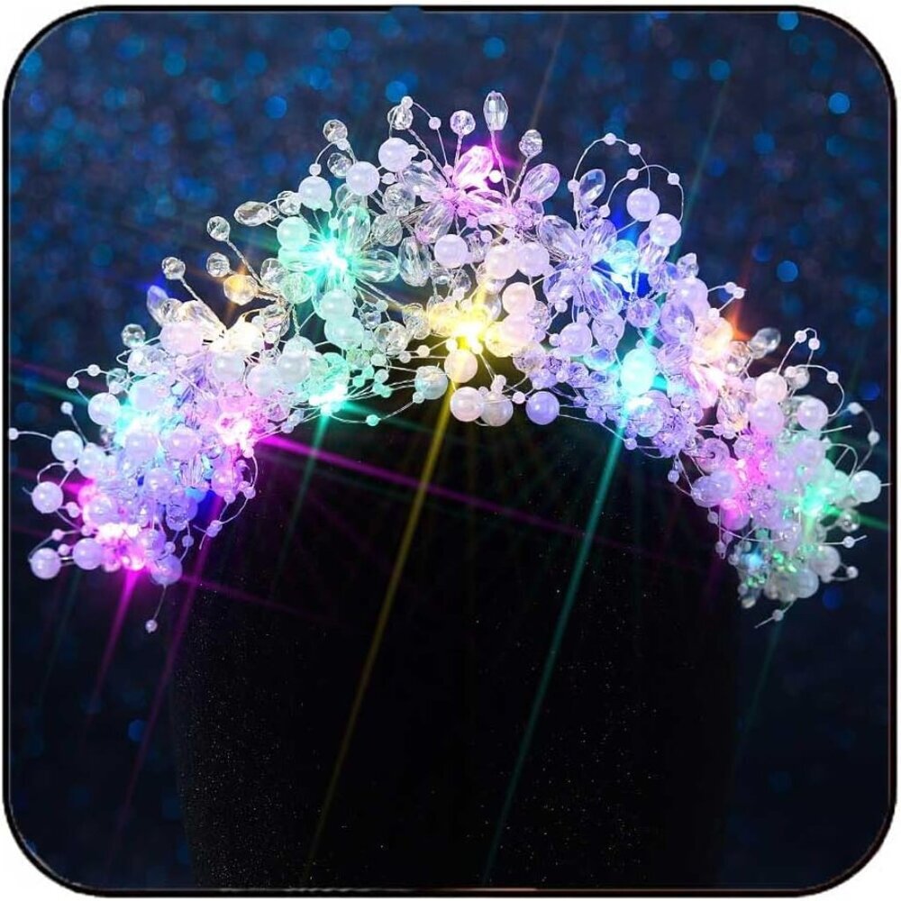 Light Up Tiara Silver Glowing Pearl Headpiece For Women Bridal Prom